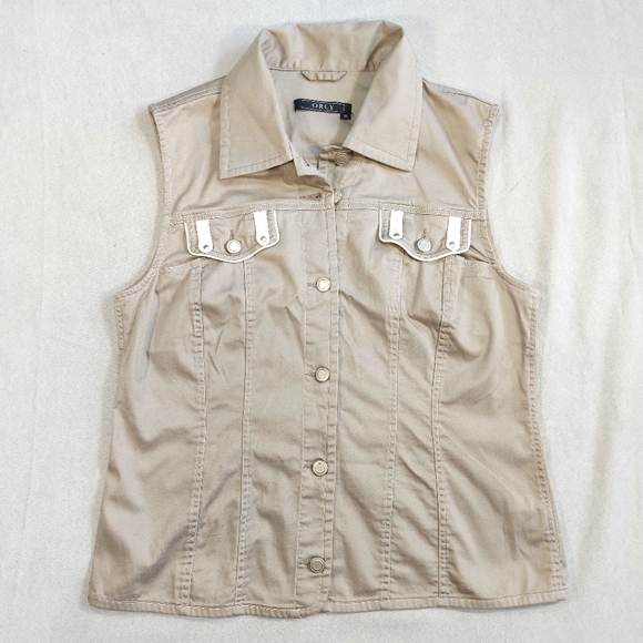 Orly Retro Boho Beige Denim Style Button Down Vest, 10 - Picture 1 of 10